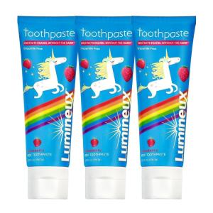 imageLumineux Oral Essentials 3 Pack Kids Toothpaste Fluoride Free  Strawberry  NO Artificial Flavors Colors SLS Free  Dentist Formulated No Harsh Chemicals375 Ounce Pack of 3