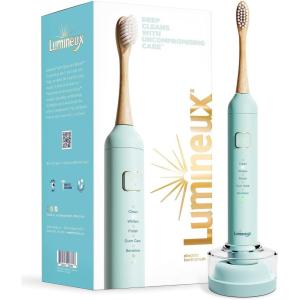 imageLumineux Sonic Electric Toothbrush for Adults  Bamboo Heads Deep Ocean Blue Includes 2 Super Soft Bristle Bamboo Tooth Brush Heads Charging Station ampamp USB Charge Cord  RechargeableLight Blue