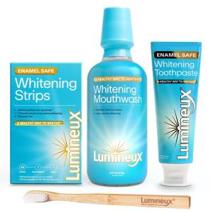 imageLumineux Teeth Whitening Kit Peroxide Free for Whiter Teeth Includes 7 Whitening Treatments 1 Mouthwash 1 Toothpaste ampamp 1 Bamboo Toothbrush Dentist Formulated